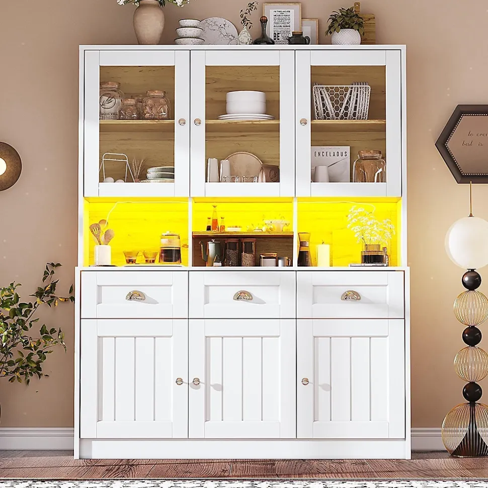 Armoire de cuisine,140x40x175cm,blanc/noir,haute buffet vitrine étagères réglables éclairage LED couleurs variables