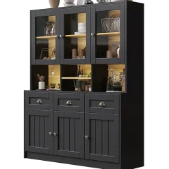 Armoire de cuisine,140x40x175cm,blanc/noir, haute, buffet, vitrine, étagères réglables, éclairage LED variable