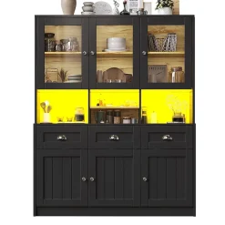 Armoire de cuisine,140x40x175cm,blanc/noir, haute, buffet, vitrine, étagères réglables, éclairage LED variable