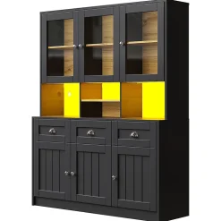 Armoire de cuisine,140x40x175cm,blanc/noir, haute, buffet, vitrine, étagères réglables, éclairage LED variable