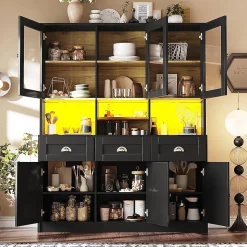 Armoire de cuisine,140x40x175cm,blanc/noir, haute, buffet, vitrine, étagères réglables, éclairage LED variable