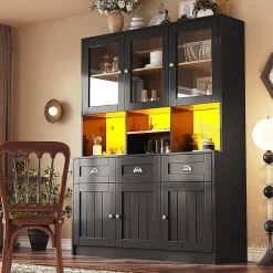 Armoire de cuisine,140x40x175cm,blanc/noir, haute, buffet, vitrine, étagères réglables, éclairage LED variable