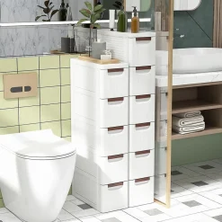 Armoire de Rangement à roulettes Etroite, Chariot en Plastique Mince à 3/4/5/6 Tiroirs, Roues Intégrées (5 Tiroirs,Blanc)