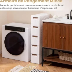 Armoire de Rangement à roulettes Etroite, Chariot en Plastique Mince à 3/4/5/6 Tiroirs, Roues Intégrées (5 Tiroirs,Blanc)