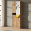 Armoire de salle de bain haute avec miroir, 65x35x190cm, noir et naturel, quatre portes et compartiment ouvert