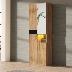 Armoire de salle de bain haute avec miroir, 65x35x190cm, noir et naturel, quatre portes et compartiment ouvert