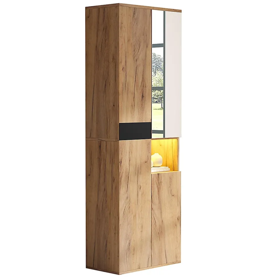 Armoire de salle de bain haute avec miroir, 65x35x190cm, noir et naturel, quatre portes et compartiment ouvert