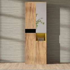 Armoire de salle de bain haute avec miroir, 65x35x190cm, noir et naturel, quatre portes et compartiment ouvert