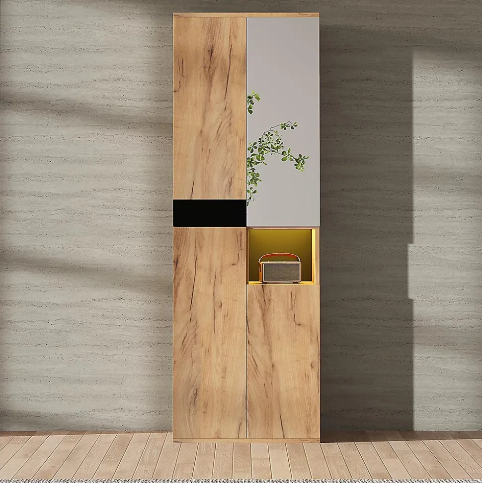 Armoire de salle de bain haute avec miroir, 65x35x190cm, noir et naturel, quatre portes et compartiment ouvert