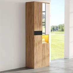 Armoire de salle de bain haute avec miroir, 65x35x190cm, noir et naturel, quatre portes et compartiment ouvert