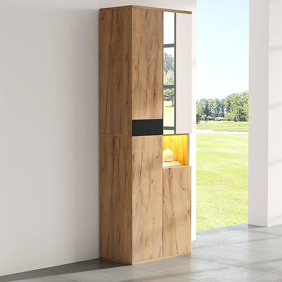Armoire de salle de bain haute avec miroir, 65x35x190cm, noir et naturel, quatre portes et compartiment ouvert