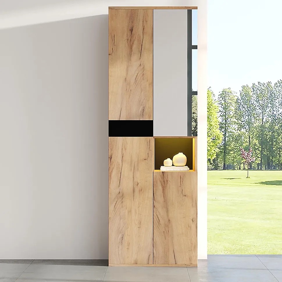 Armoire de salle de bain haute avec miroir, 65x35x190cm, noir et naturel, quatre portes et compartiment ouvert
