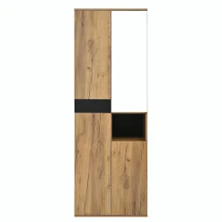Armoire de salle de bain haute avec miroir, 65x35x190cm, noir et naturel, quatre portes et compartiment ouvert