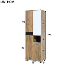 Armoire de salle de bain haute avec miroir, 65x35x190cm, noir et naturel, quatre portes et compartiment ouvert