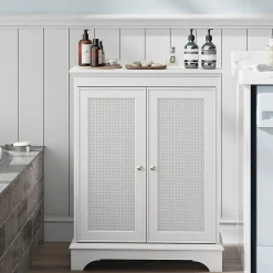 Armoire de salle de bains avec espace de rangement, blanche, porte en osier, étagère réglable