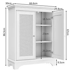 Armoire de salle de bains avec espace de rangement, blanche, porte en osier, étagère réglable