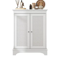 Armoire de salle de bains avec espace de rangement, blanche, porte en osier, étagère réglable