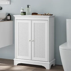 Armoire de salle de bains avec espace de rangement, blanche, porte en osier, étagère réglable