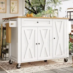 Armoire îlot cuisine 99x70x90 cm, roulettes, 1 tiroir, 3 portes, étagères réglables