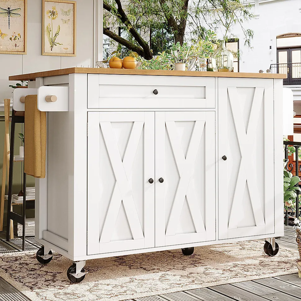 Armoire îlot cuisine 99x70x90 cm, roulettes, 1 tiroir, 3 portes, étagères réglables