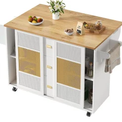 Armoire îlot indépendante 120x73x90 cm, roulettes, étagères réglables, porte-serviettes - blanc