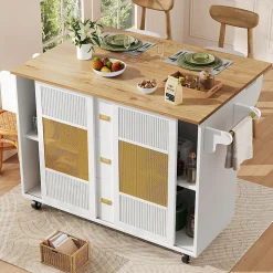 Armoire îlot indépendante 120x73x90 cm, roulettes, étagères réglables, porte-serviettes - blanc