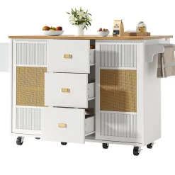 Armoire îlot indépendante 120x73x90 cm, roulettes, étagères réglables, porte-serviettes - blanc