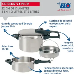 Autocuiseur vapeur en acier inoxydable 18/10 22 cm 3 à 6 litres Elo Praktika Plus XL