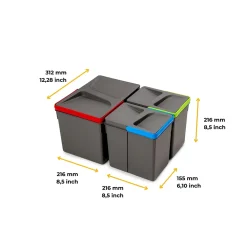 Bacs de tri pour tiroir de cuisine Recycle 1 bac de 12 litres et 2 bacs de 6 litres