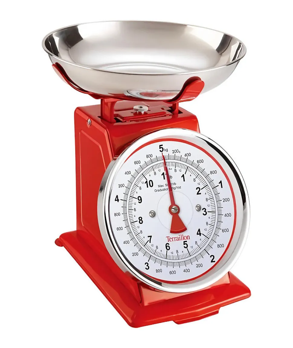 Balance de cuisine mécanique - TERRAILLON - TRAD 500 Rouge - Portée 5 Kg - Style rétro - Bol 1 L