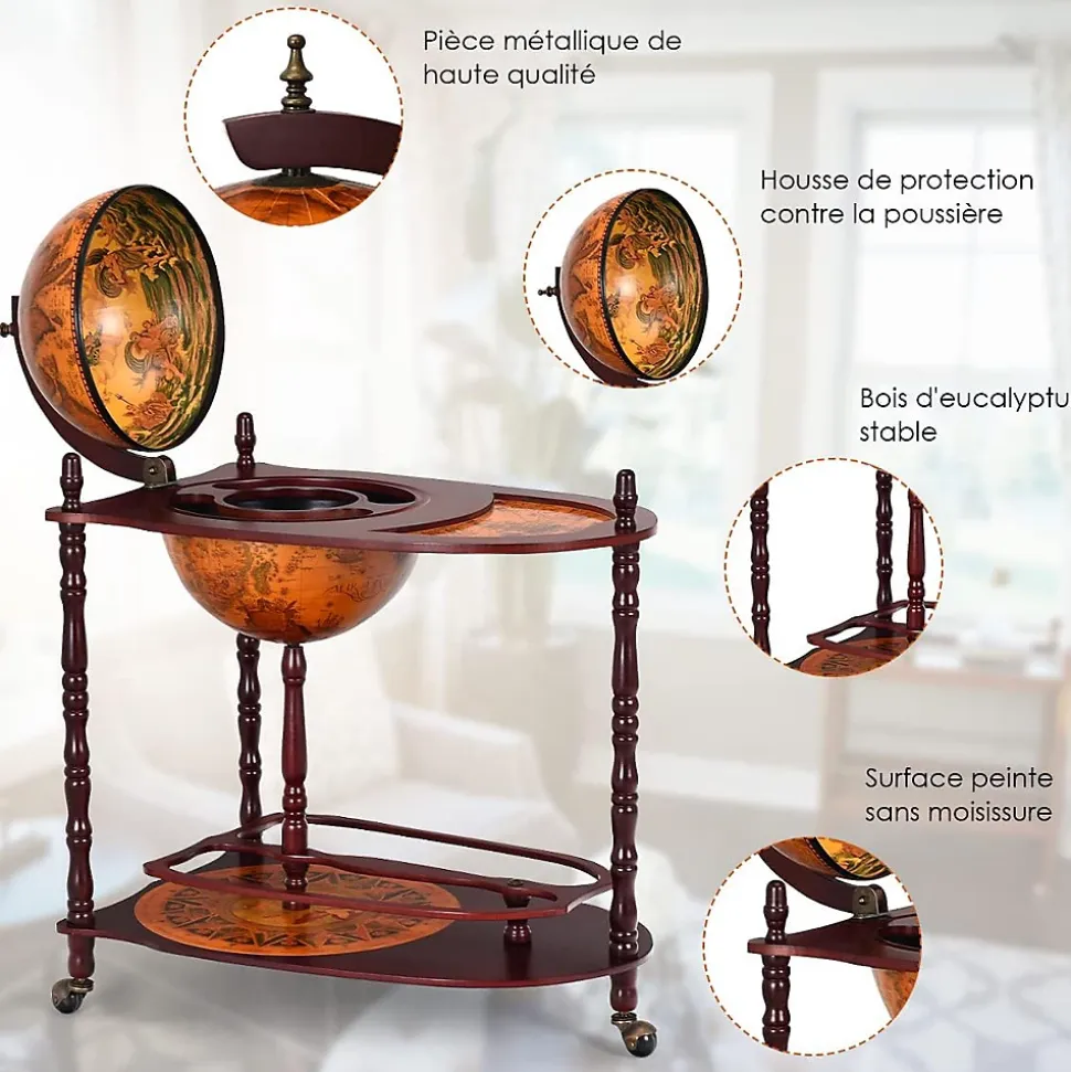 Bar Globe Rangement Vin en Bois Rack Cabinet Globe avec 3 Pieds Casier Bouteilles en Bois avec 3 roulettes Marron XL