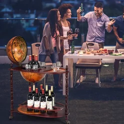 Bar Globe Rangement Vin en Bois Rack Cabinet Globe avec 3 Pieds Casier Bouteilles en Bois avec 3 roulettes Marron XL