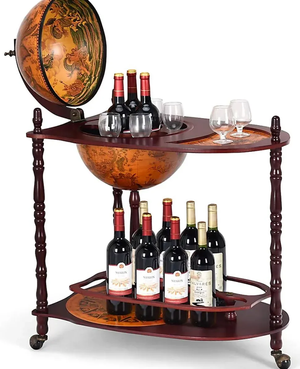 Bar Globe Rangement Vin en Bois Rack Cabinet Globe avec 3 Pieds Casier Bouteilles en Bois avec 3 roulettes Marron XL