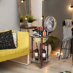 Bar Globe Terrestre Mappemonde en Bois Eucalyptus Support de Vin sous Forme de Globe Bois Monte sur Roues Style Ancient