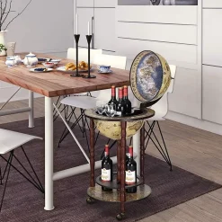 Bar Globe Terrestre Mappemonde en Bois Eucalyptus Support de Vin sous Forme de Globe Bois Monte sur Roues Style Ancient