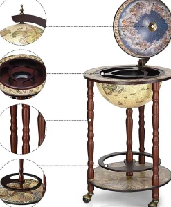 Bar Globe Terrestre Mappemonde en Bois Eucalyptus Support de Vin sous Forme de Globe Bois Monte sur Roues Style Ancient