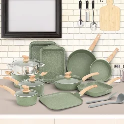 Batterie de cuisine à induction 17 pièces avec couvercles en verre et revêtement en granit