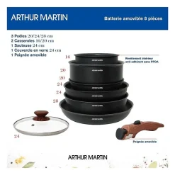 Batterie de cuisine 8 pieces ARTHUR MARTIN - Aluminium - Poignée Bois - Tous feux dont induction