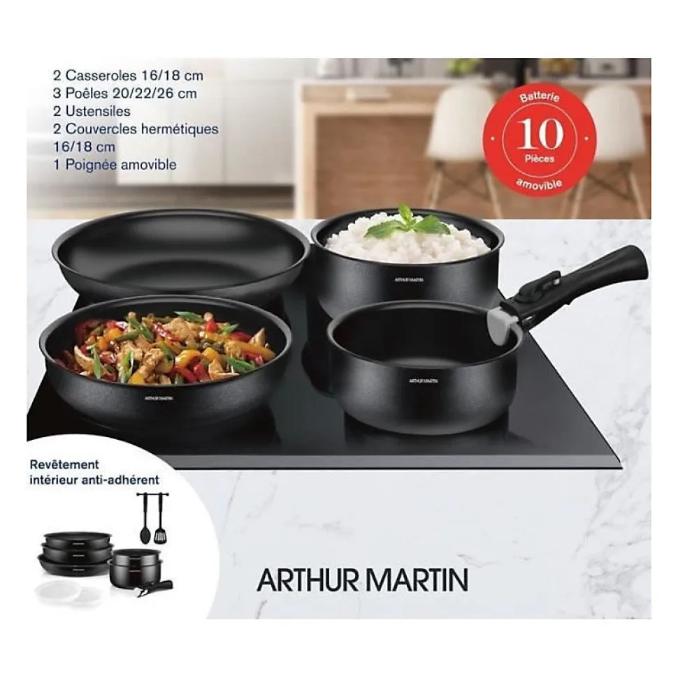 Batterie de cuisine 10 pieces Arthur Martin - Aluminium - Tous feux sauf induction - Noir