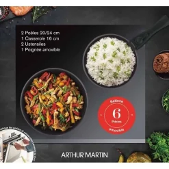 Batterie de cuisine - Tous feux dont induction - Arthur Martin - AM9582 - Aluminium - Anti-adhésif - 6 pieces - Poignée amovib