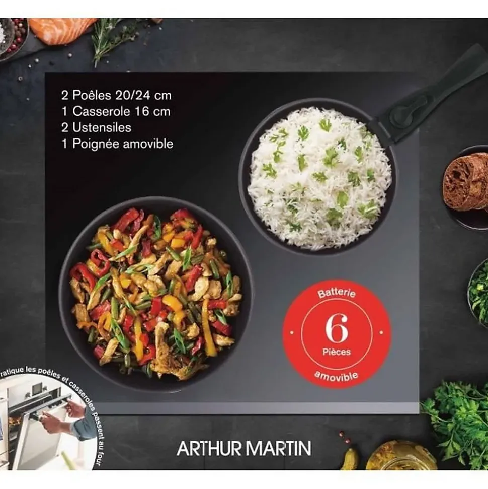Batterie de cuisine - Tous feux dont induction - Arthur Martin - AM9582 - Aluminium - Anti-adhésif - 6 pieces - Poignée amovib