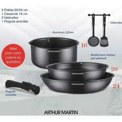 Batterie de cuisine - Tous feux dont induction - Arthur Martin - AM9582 - Aluminium - Anti-adhésif - 6 pieces - Poignée amovib