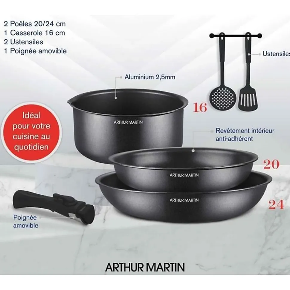 Batterie de cuisine - Tous feux dont induction - Arthur Martin - AM9582 - Aluminium - Anti-adhésif - 6 pieces - Poignée amovib