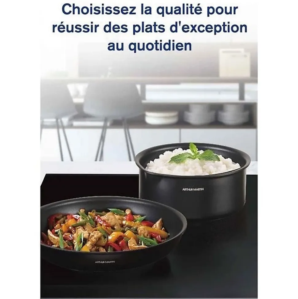 Batterie de cuisine - Tous feux dont induction - Arthur Martin - AM9582 - Aluminium - Anti-adhésif - 6 pieces - Poignée amovib