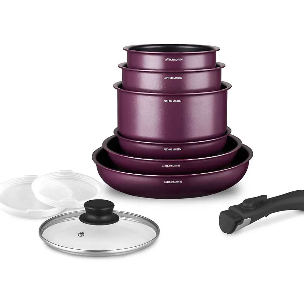 Batterie de cuisine - Tous feux dont induction - ARTHUR MARTIN - AM2991 - Aluminium revetement anti-adhésif - 10 pieces - Prune