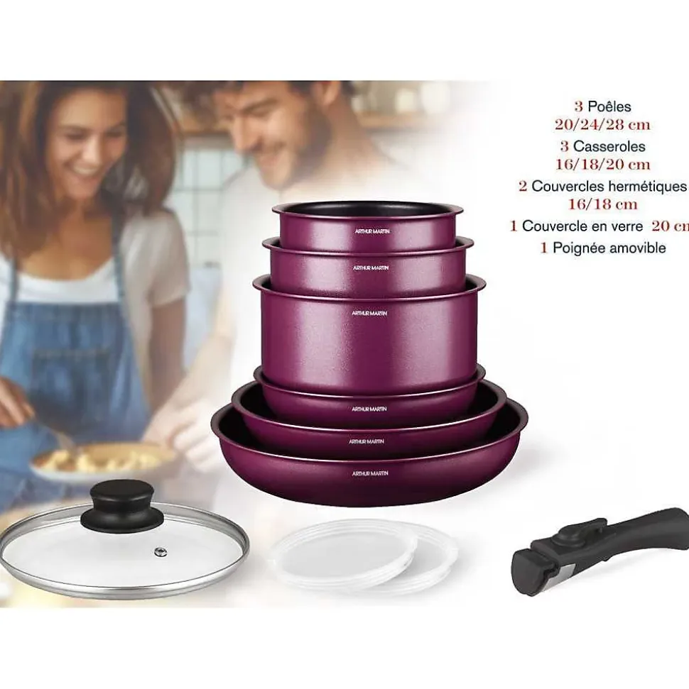 Batterie de cuisine - Tous feux dont induction - ARTHUR MARTIN - AM2991 - Aluminium revetement anti-adhésif - 10 pieces - Prune