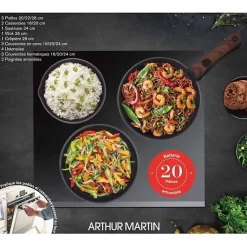 Batterie de cuisine - Tous feux dont induction - Arthur Martin - AM0530 - Aluminium - Anti-adhésif - 20 pieces - Poignée amovi