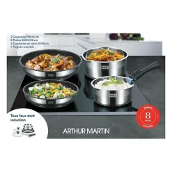 Batterie de cuisine Arthur Martin AM2493 8 pieces - Acier Inoxydable - Poignée amovible - Tous feux dont induction