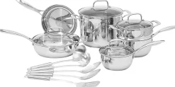 Batterie de cuisine ensemble de 15 pièces en acier inoxydable Casseroles, poêles et ustensiles, Argenté
