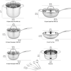 Batterie de cuisine ensemble de 15 pièces en acier inoxydable Casseroles, poêles et ustensiles, Argenté